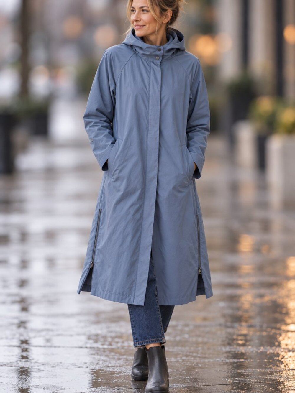 Garnet Hill Long Lightweight Jacket Raincoat Packable Hood Blue Women's Large
